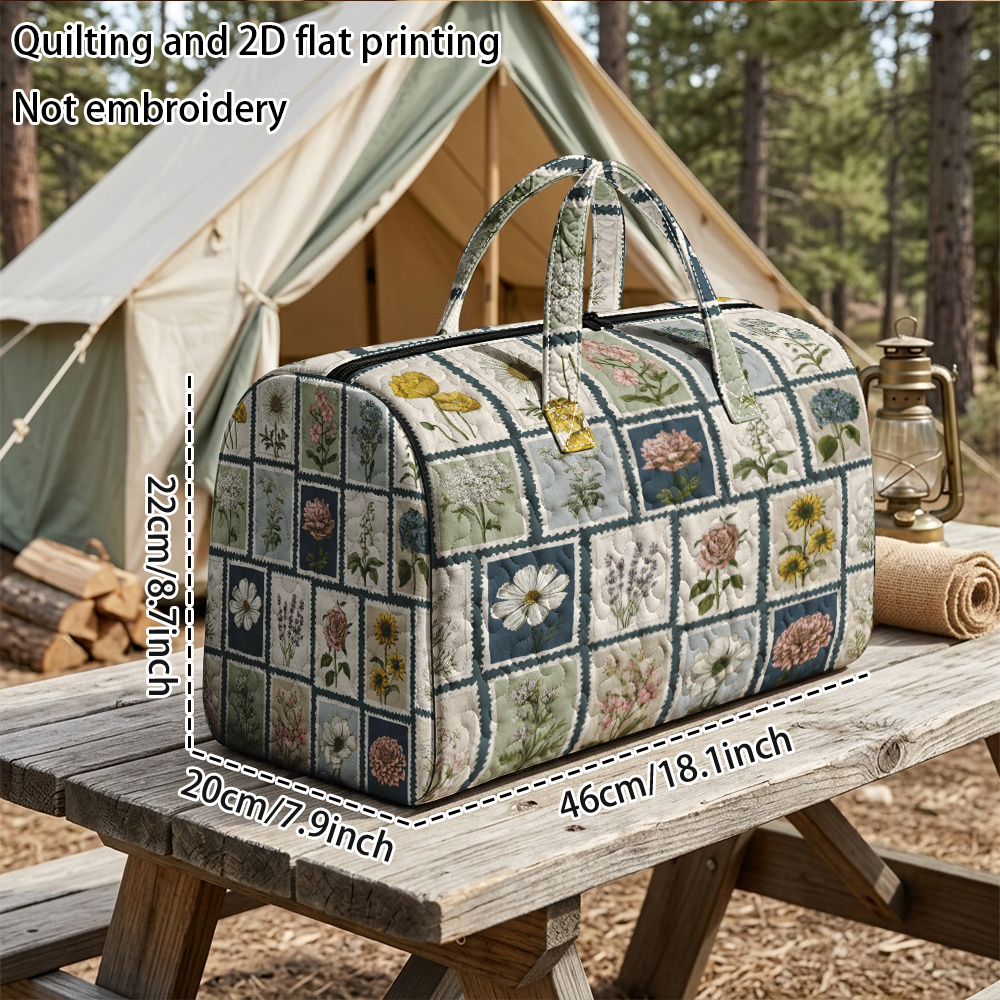 TEMU Quilting And 2d Flat Printing Not Embroidery Vintage Botanical Grid Quilted Tote Bag,quilted Travel Bag,quilted Duffle Bag,for Large Capacity