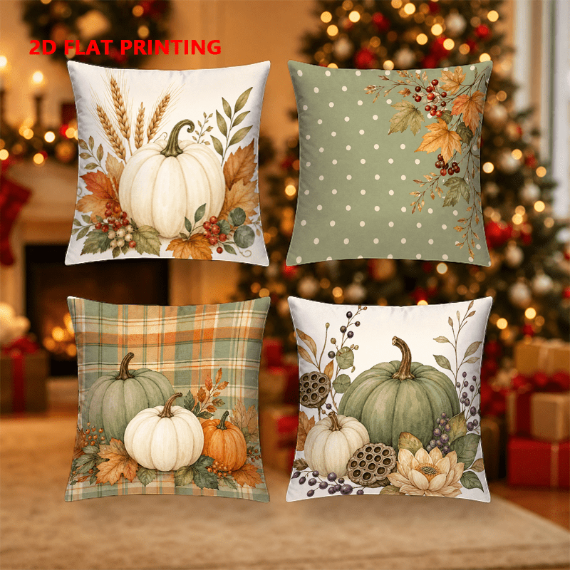 TEMU 4pcs Set, 2d Flat Printing, Autumn Pumpkin Style Pillowcases Suitable For Autumn Holiday Atmosphere, Single-sided Print, Polyester Material,