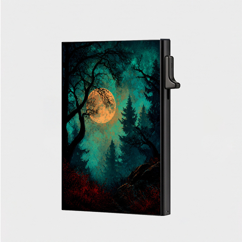 TEMU Unisex Rfid Blocking Automatic Pop Up Card Holder Wallet Moon Forest Nightstylish 6card Metal Anti With An Automatic Pop Use Shopping And Travel
