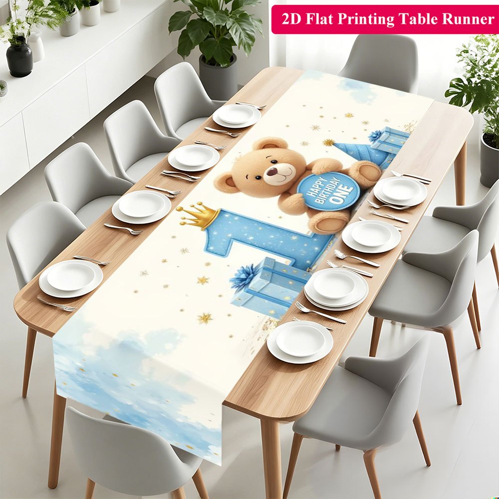 TEMU 2d Flat Banner 1pc Table Flag, Featuring Elements Like Teddy Bear, Gift, Number "1", And "happy Birthday One" Text, Themed Party Decoration,