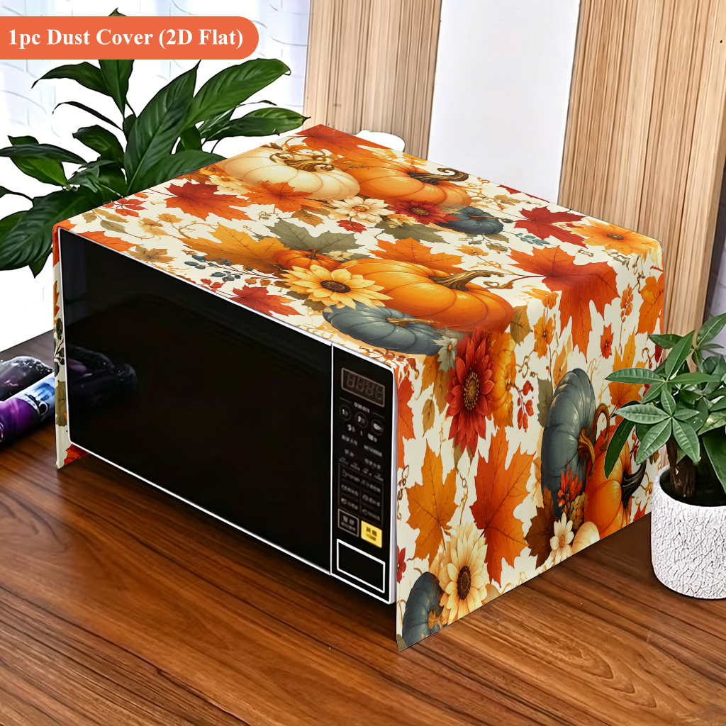 TEMU 2d Flat 1pc, Autumn Pumpkins Leaves Flowers, Reusable Microwave Dust Cover; Decorative Appliance Cover For Halloween And Christmas; Protective
