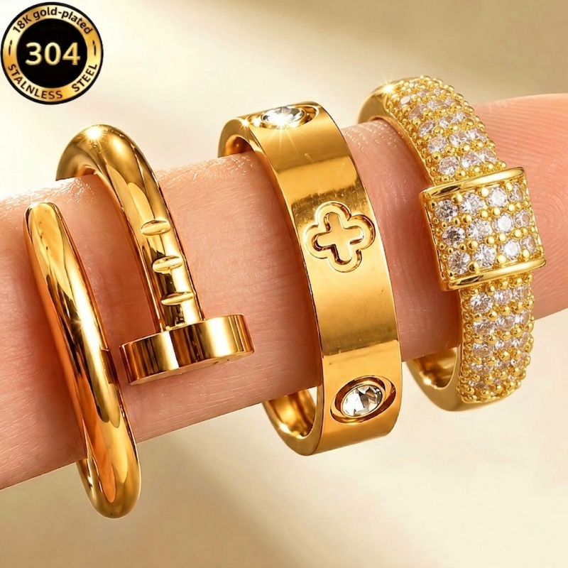 TEMU Conjunto de anillos de lujo de moda, 3 piezas, acero inoxidable 304 con incrustaciones de cobre y circonio, chapado en oro de , de múltiples ,