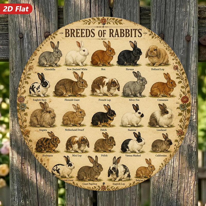TEMU 2d Flat, 1pc Rabbit Breeds Chart Round Metal Sign Wall Art, Breeds Of Rabbits Text, Vintage Rabbit Illustrations, Labeled Bunny Varieties, Home