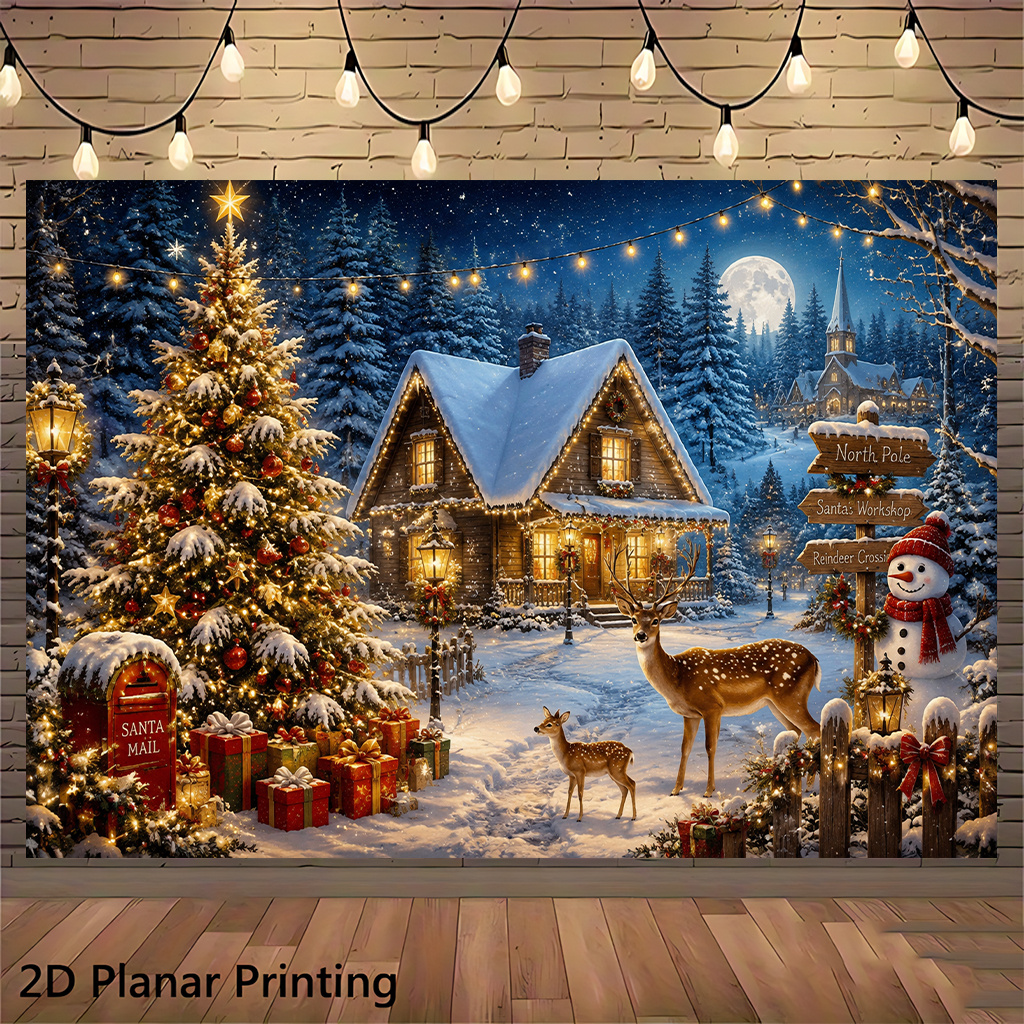 TEMU 2d Flat, 1pc Reusable Winter Snowy Cabin Wall Banner - Suitable For Parties, Weddings, Birthdays | Indoor/outdoor Decoration With Scene For