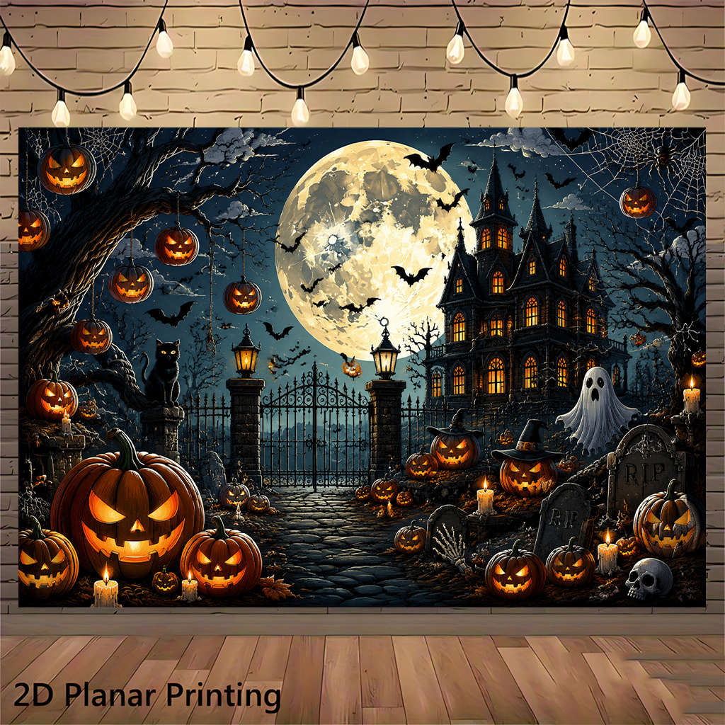 TEMU 2d Flat, 2d Flat - 2d Flat, 2d Flat - 2d Flat Banner 1pc, Halloween Pumpkins Haunted House, Reusable Decorative Backdrop For Indoor And Outdoor