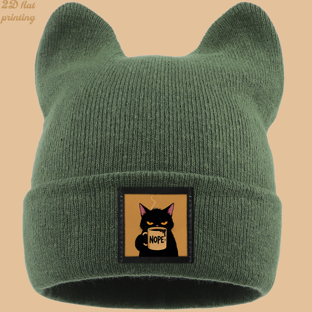 TEMU 1pc 1pcs Unisex Cat Ear Beanie Hat With "nope" Coffee & Black - Brimless Cowl Suitable For Streetwear, , For Gifts, Parties, Daily Commuting -