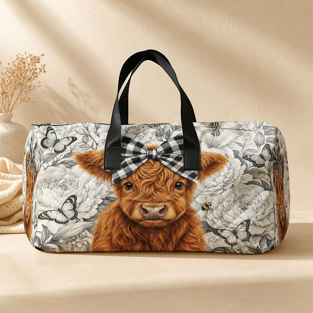 TEMU [2d Flat] 1pc Cute Travel Duffel Bag, Cute Highland Cow Floral Pattern, Large Capacity, Portable, Zip Closure, Lightweight, Unisex, Short Trips,