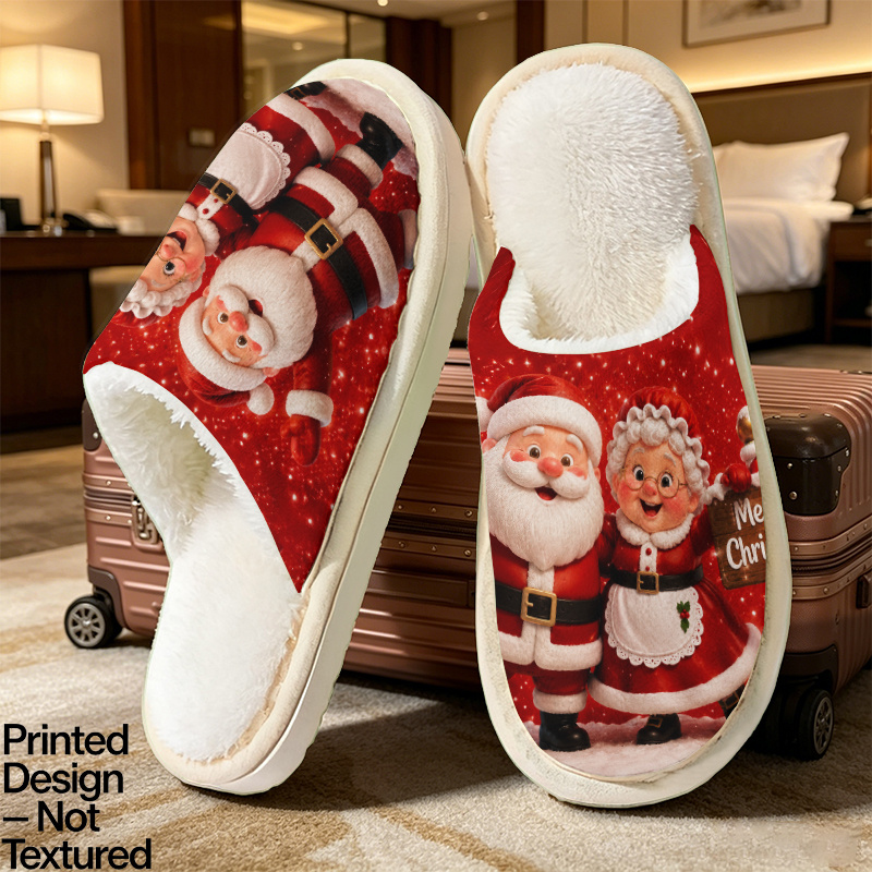 TEMU ["Design Imprimé - Non Texturé] Pantoufles Motif Père Noël et Mère Noël Unisexe Mode Intérieur/Extérieur, Idéales comme Cadeaux d'Anniversaire,