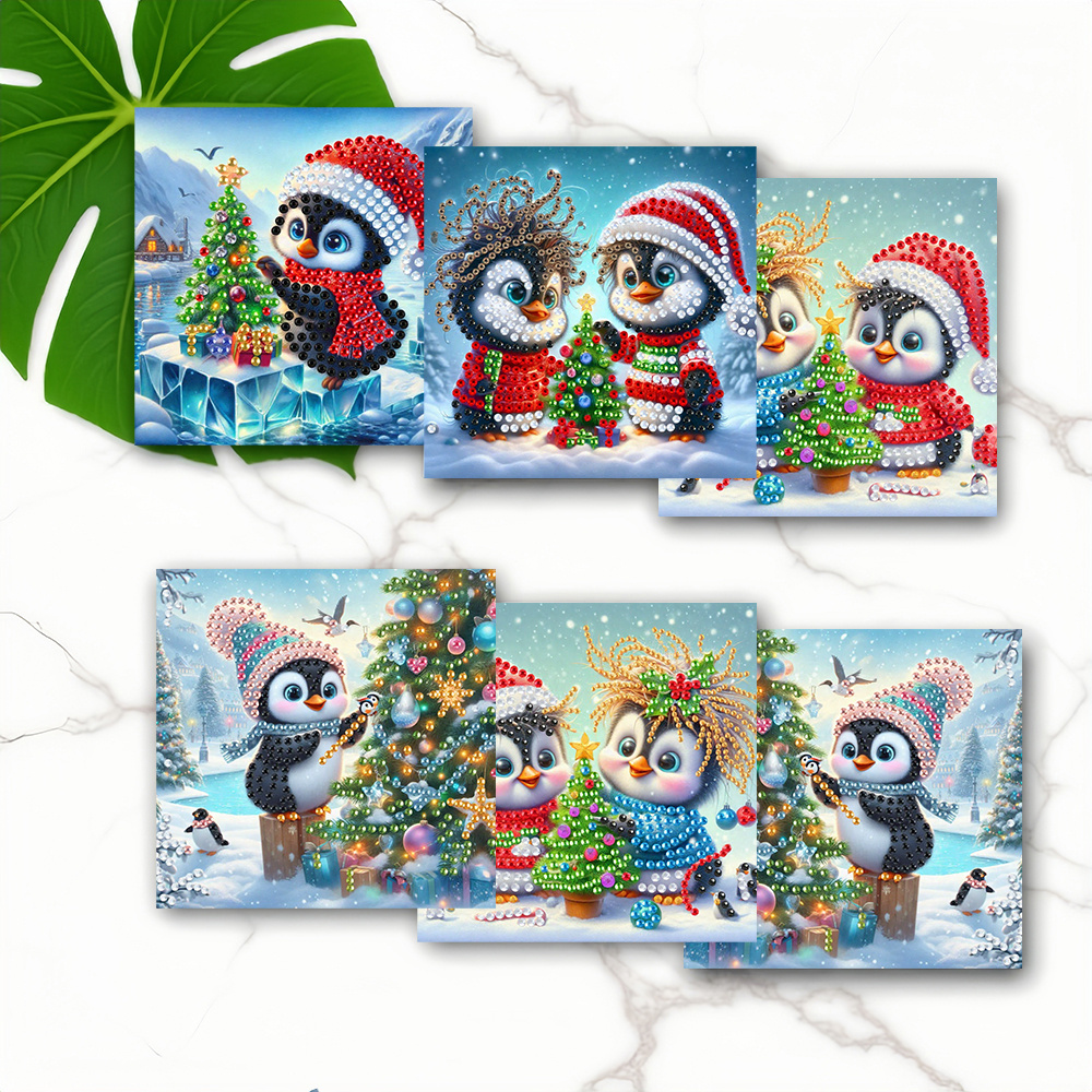 TEMU 6pcs Diy Cartoon Christmas Penguin Dressing Up Christmas Tree Themed Painting Holiday Greeting Card Kit, Diy Special Shape Art Mosaic Postcard,
