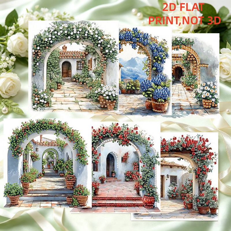 TEMU 6pcs Diamond Painting Kit - Arch Courtyard Themed Holiday Greeting Card Kit, Diy Special-shaped Art Mosaic Postcards, Holiday Greeting Card Kit,