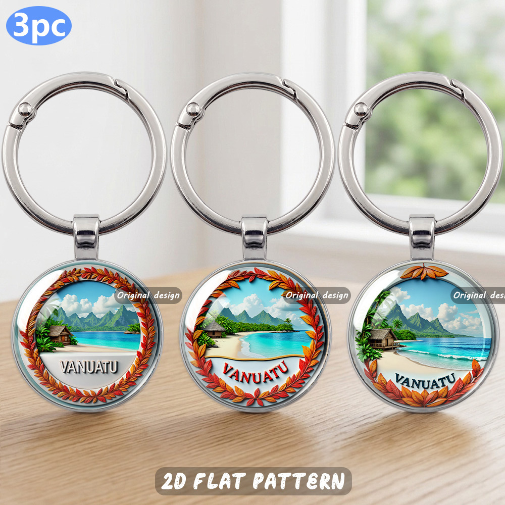 TEMU 2d Flat, 2d Flat 3pcs Keychain Set, Tropical "vanuatu" Themed Keychain, Digital Illustration Island Beach Pattern, Round Glossy Button Design,