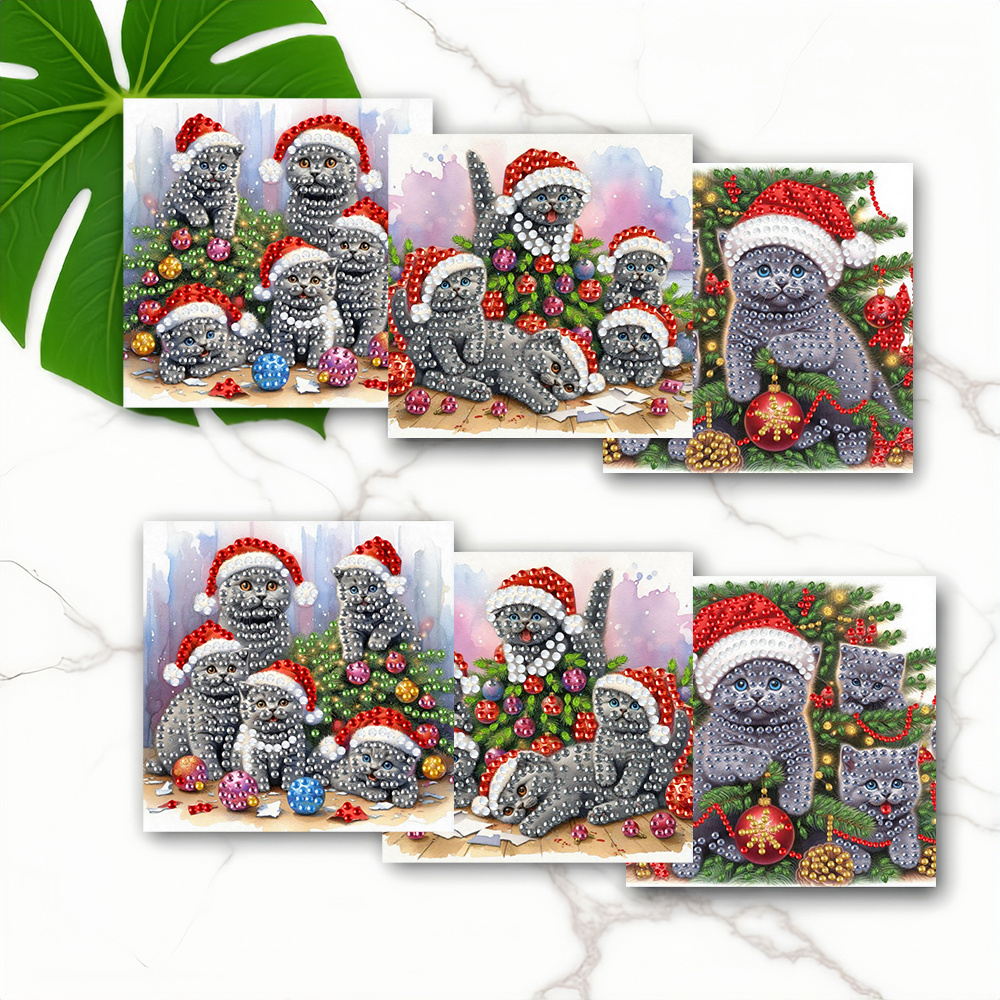 TEMU 6pcs Cartoon Christmas Kitten Theme Painting Set, Special Shape Art Mosaic Postcard, Set, Suitable For Thanksgiving, Birthday, New Year,