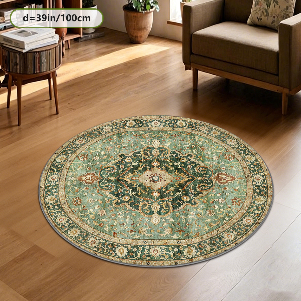 TEMU Soft Plush   Dotted Plastic Bottom Round Rug, Olive With Quadrilateral Floral And Leaf Grid, Vintage Geometric Botanical Pattern Printed Rug, 2d