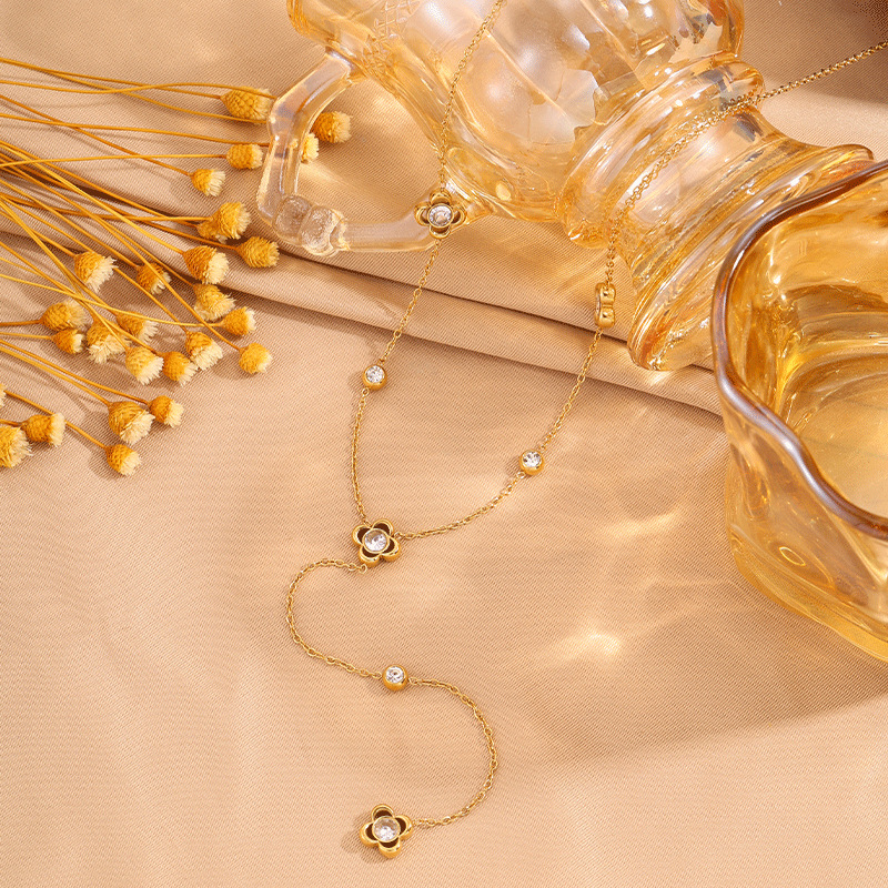 Women's High-End Stainless Steel Sparkling Flower Y-Shaped Necklace