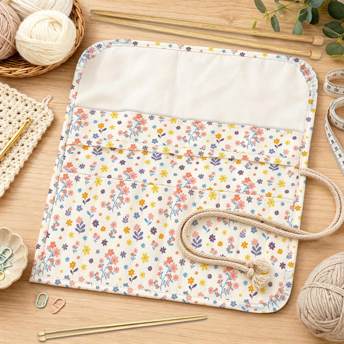 TEMU 1pc Pastel Foldable Crochet Hook Roll Bag - Portable Rollable Case Suitable For Knitting & Crochet Needles Organizer, Print Storage For Hooks,