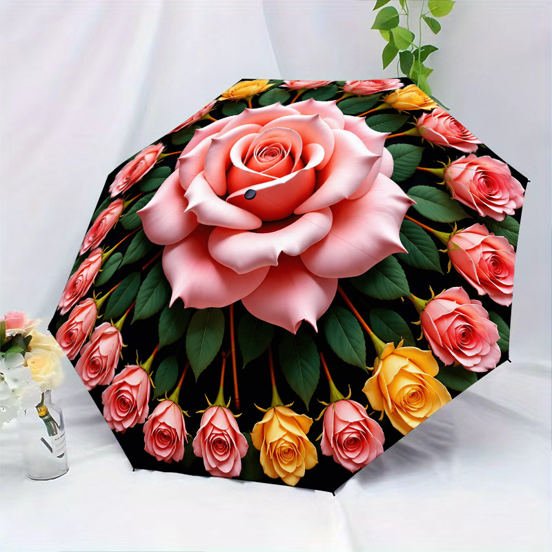 TEMU 1pc Automatic Folding Umbrella With Large Pink Roses And Small Yellow-pink Roses Pattern, Functional Design, 8-rib Sturdy Canopy, Durable Ribs,