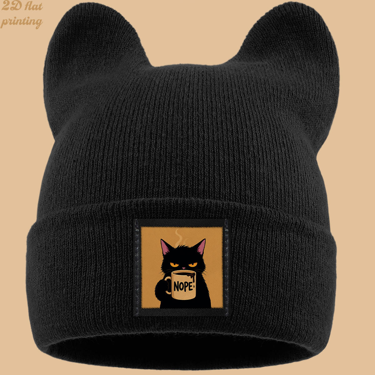 TEMU 1pc 1pcs Unisex Cat Ear Beanie Hat With "nope" Coffee & Black - Brimless Cowl Suitable For Streetwear, , For Gifts, Parties, Daily Commuting -