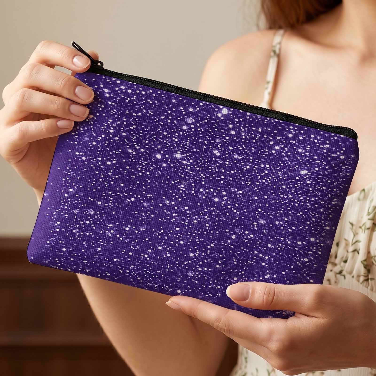 TEMU 2d Flat Printing Makeup Bag, Sparkling Purple Glitter Design For Storage And Travel Organization
