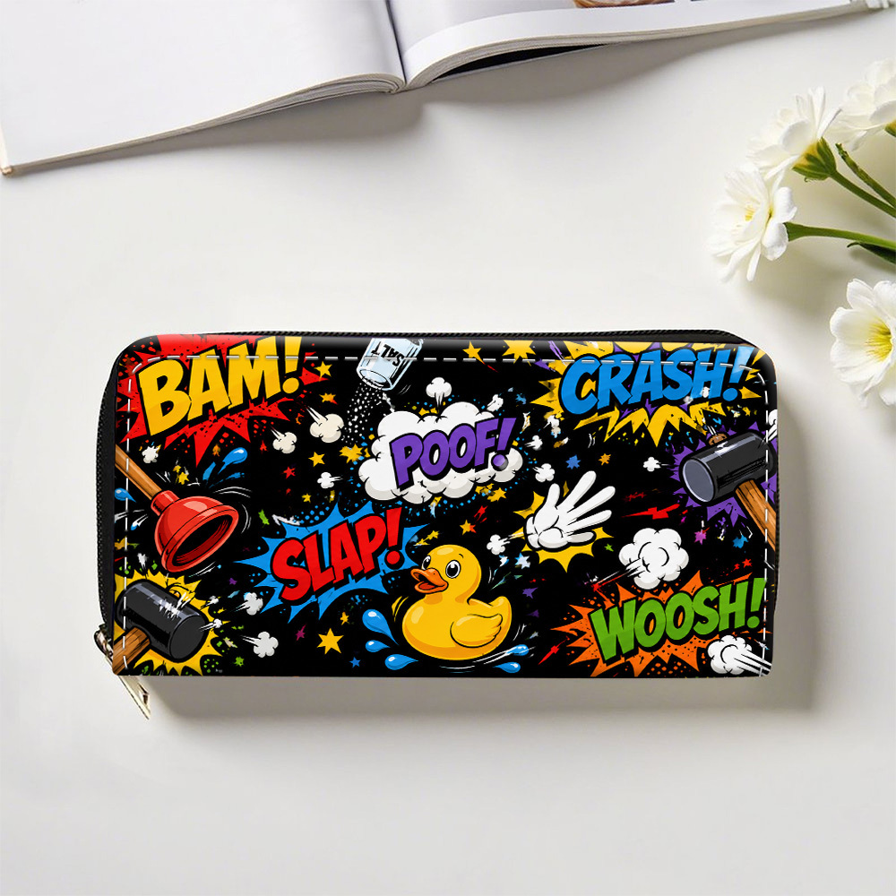 TEMU 1pc Pop Art Comic Elements 2d Flat Designed Long Wallet With Zipper, Multifunctional Purse With Card Holder Card Slots And Coin Pouch,