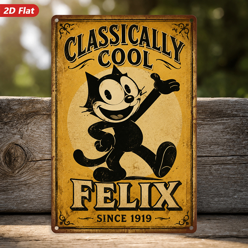 TEMU 2d Flat, 1pc Vintage Cartoon Mascot Metal Sign Wall Art, Classically Cool , Smiling Cartoon Cat, Walking , Bedroom Kitchen, Home Decor, Safe