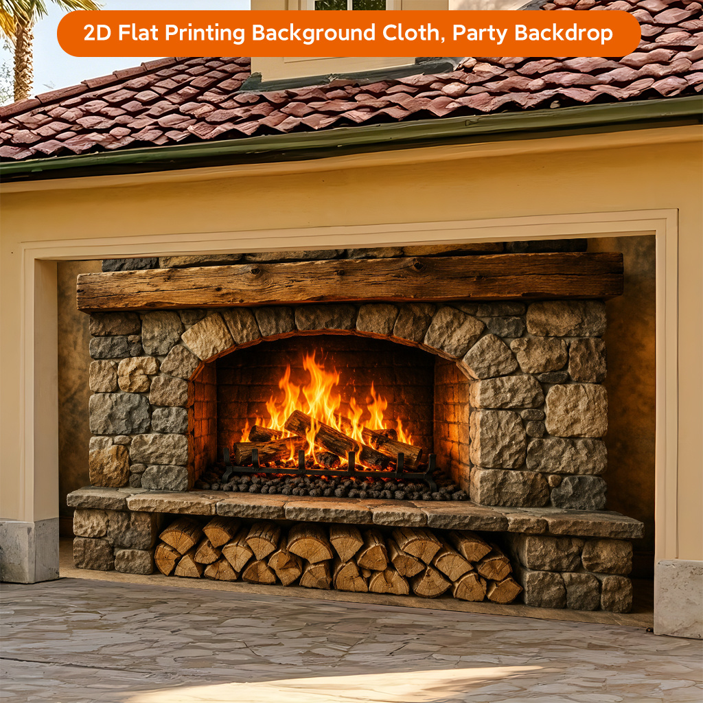 Fireplace Burning Wood Warmth Polyester Backdrop