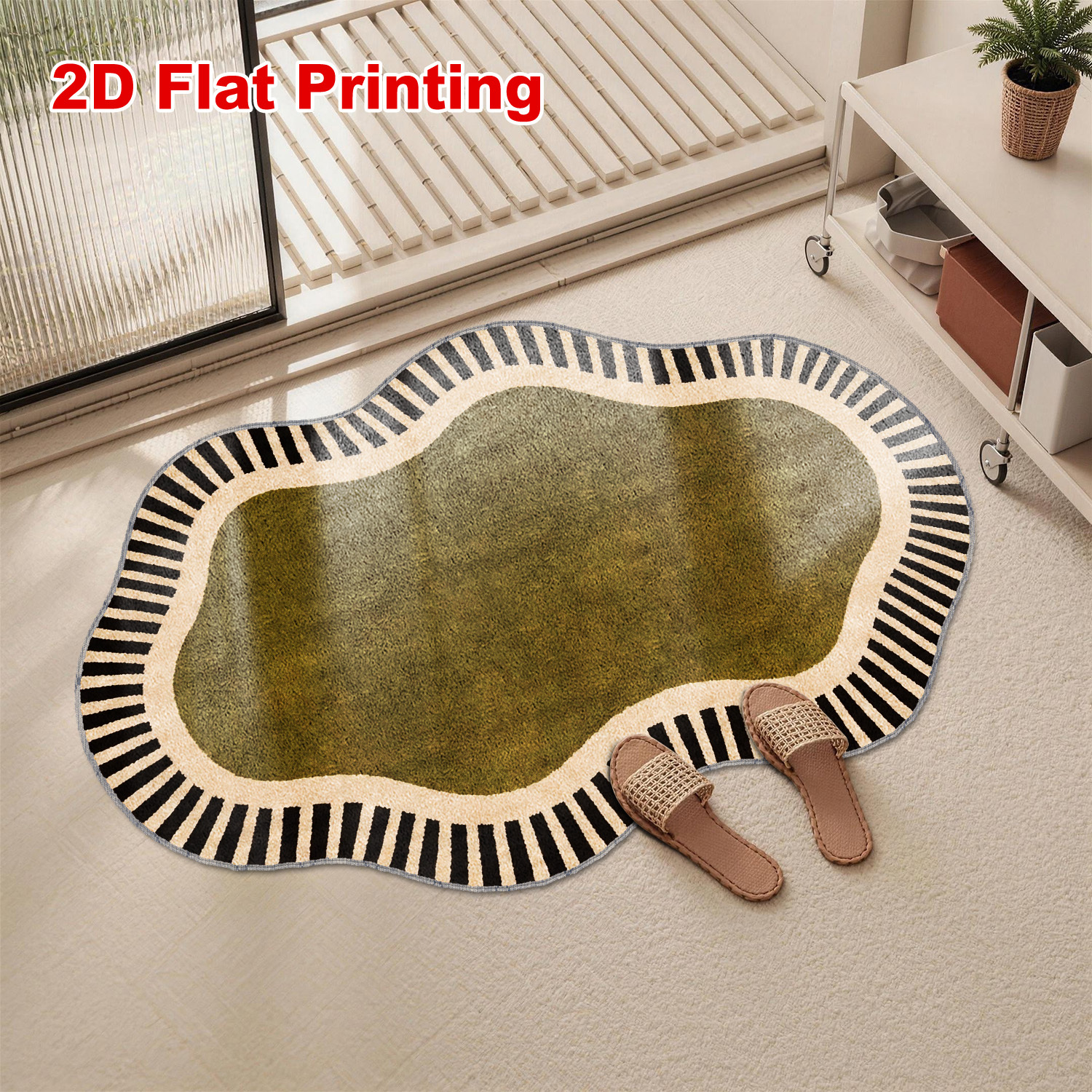 TEMU 2d Flat, 2d Flat, 1pc Green Background Black And White Striped Easy Style Floor Mat, Soft Velvet Material, 2d Flat Machine Washable Non-slip