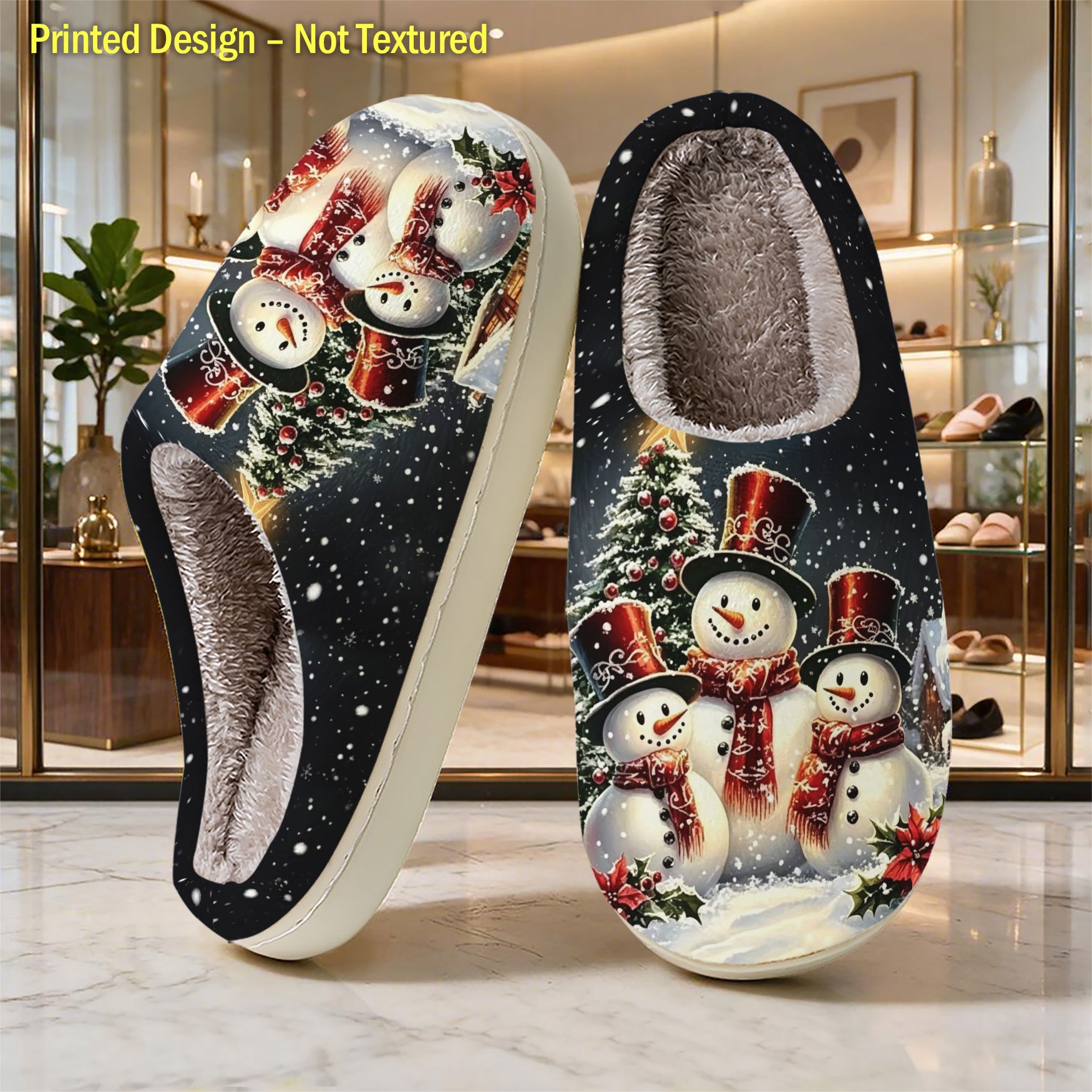 TEMU Christmas Snow Scene With Red Santa Hat, Red Scarf, Snowman, Christmas Tree, And - Autumn/winter Minimalist Plush Slippers For Men - Soft, Quiet