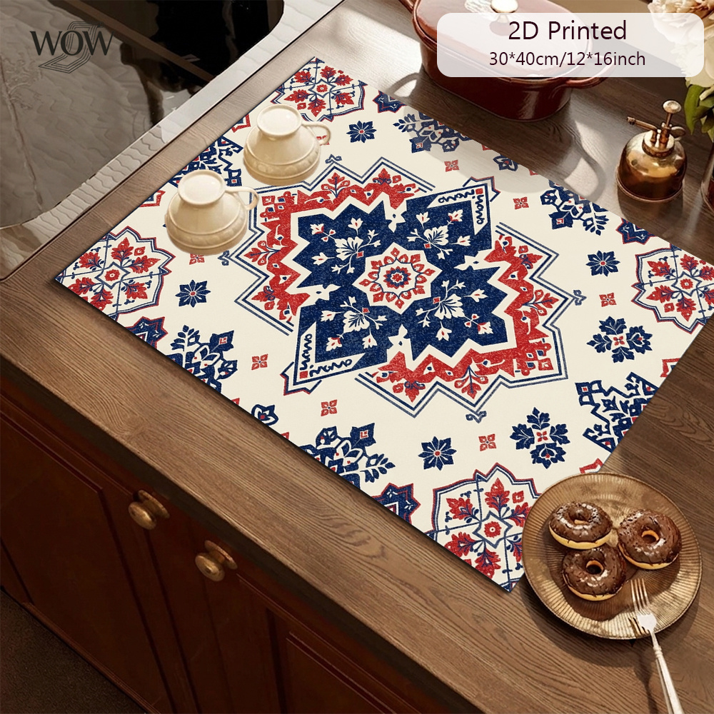 TEMU Tapis d'égouttage 1 pièce en diatomite pour plan de travail de cuisine, antidérapant, lavable en machine, motif géométrique vintage, convient