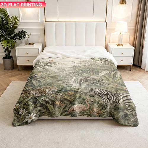 1pc tropical jungle flannel blanket suitable for soft bedspread with jungle animals and plants multi use for sofa office camping nap throw for christmas travel warm bedding for decor