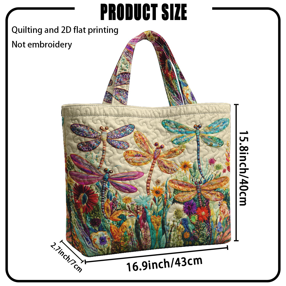 TEMU 1pc Large Quilted Tote Bag Suitable For Groceries, Travel & School - Reusable Ladies Handbag With Quilted Dragonfly Floral, Non-food Contact Bag