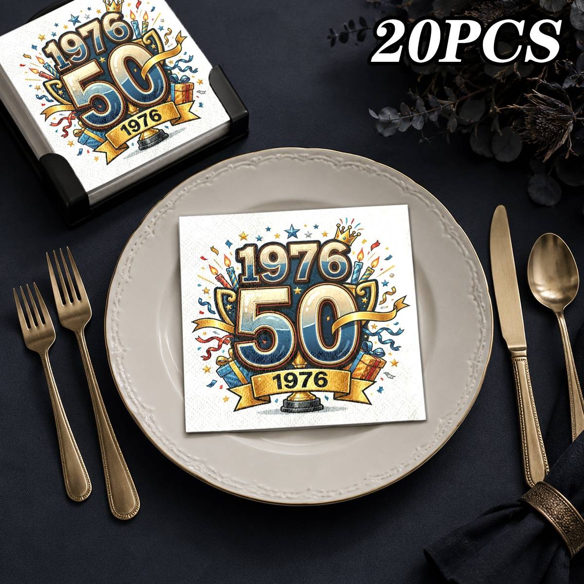 TEMU 20 serviettes carrées à 2 couches sur le thème de votre 50e anniversaire en 1976, papier de table, pour les cafés, les goûters, les restaurants,