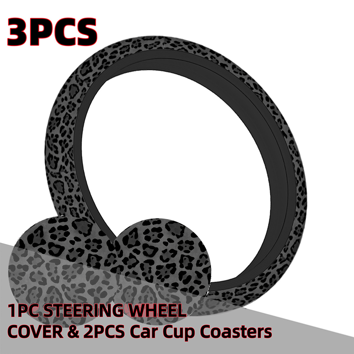 TEMU Set da 3 pezzi per interni auto con stampa leopardata, elegante set di decorazioni per auto 1 coprivolante e 2 sottobicchieri per auto (anello