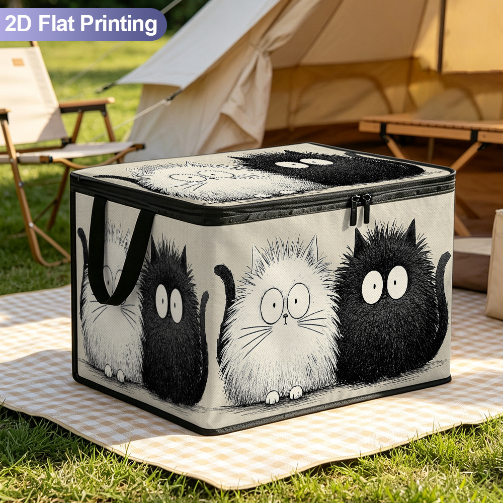 TEMU 2d Flat Foldable Car Trunk Storage Organizer With 2 Fluffy Black And Print Large Capacity Box With Zipper Lid Durable Handle Travel Cargo