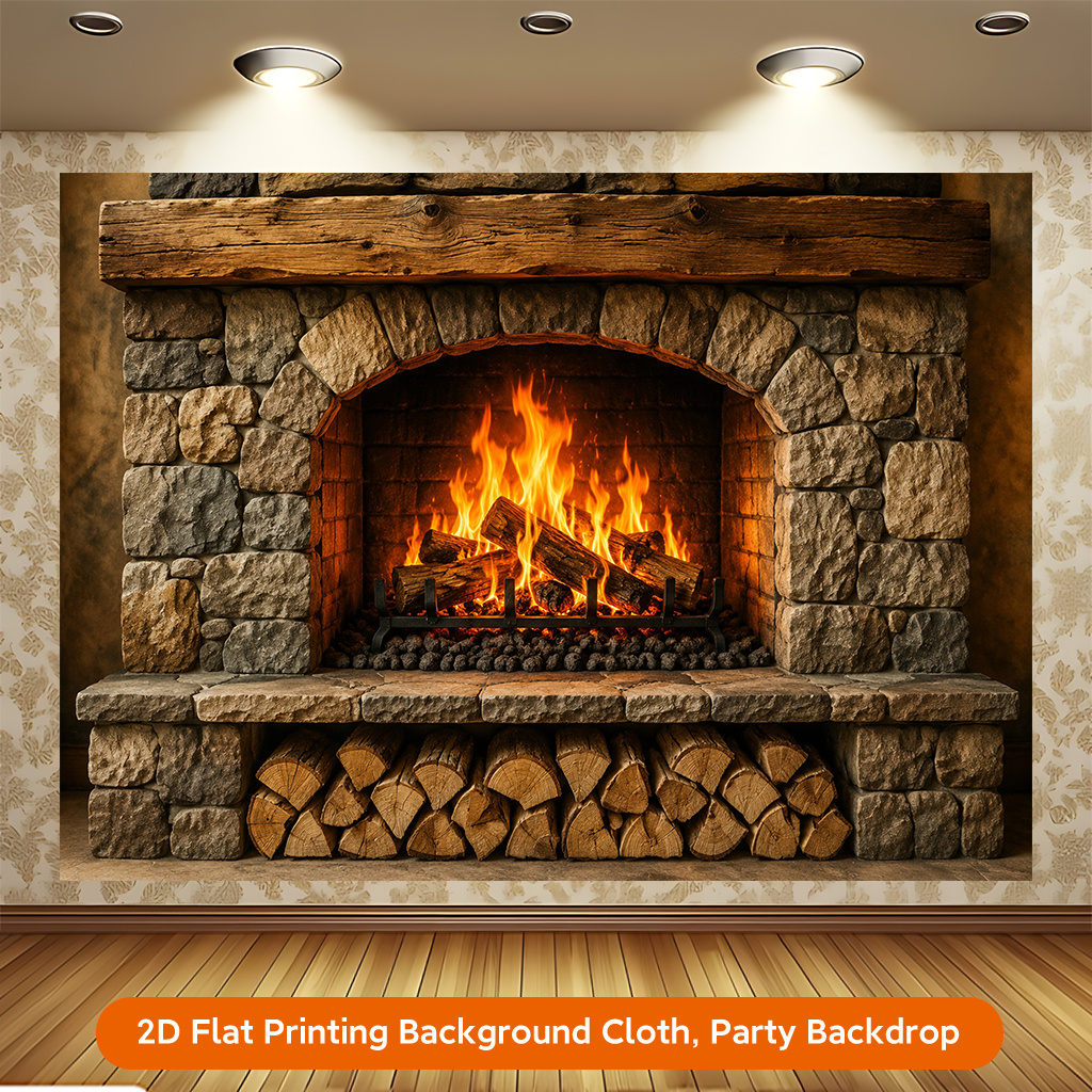 Fireplace Burning Wood Warmth Polyester Backdrop