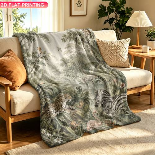 item picture 1pc tropical jungle flannel blanket suitable for soft bedspread with jungle animals and plants multi use for sofa office camping nap throw for christmas travel warm bedding for decor