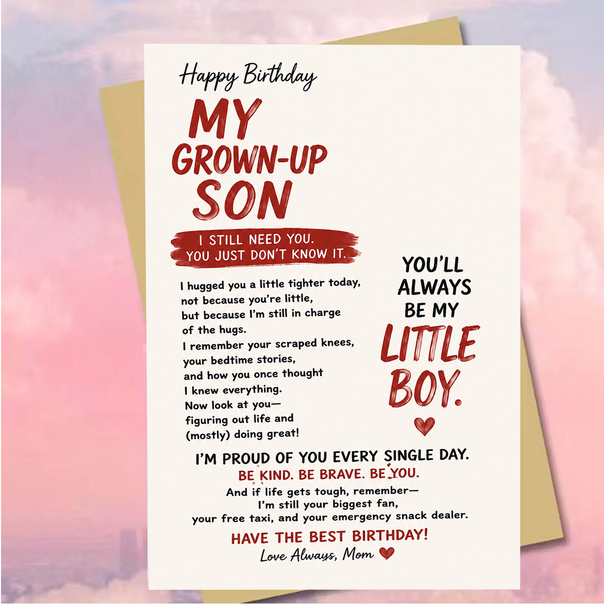 TEMU 1pc Family Birthday Card, "happy Birthday My Grown-up Son," Featuring A Red And Scheme With Text, Suitable For A Mother's Adult Son. Includes