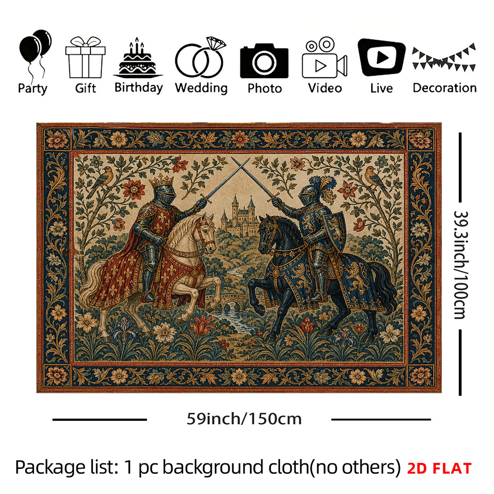 TEMU 2d Flat, 1pc Medieval Knight Duel Tapestry Wall Hanging - Horizontal Medieval Castle Backdrop Suitable For Parties, Themed Decor, Photo Booth