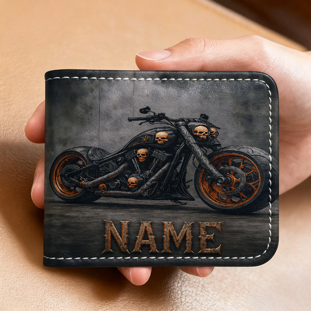 TEMU Personalized Custom Name/text & Motorcycle-themed Pu Wallet Suitable For - Bifold Compact Wallet With Id/photo Window, Card Holders,