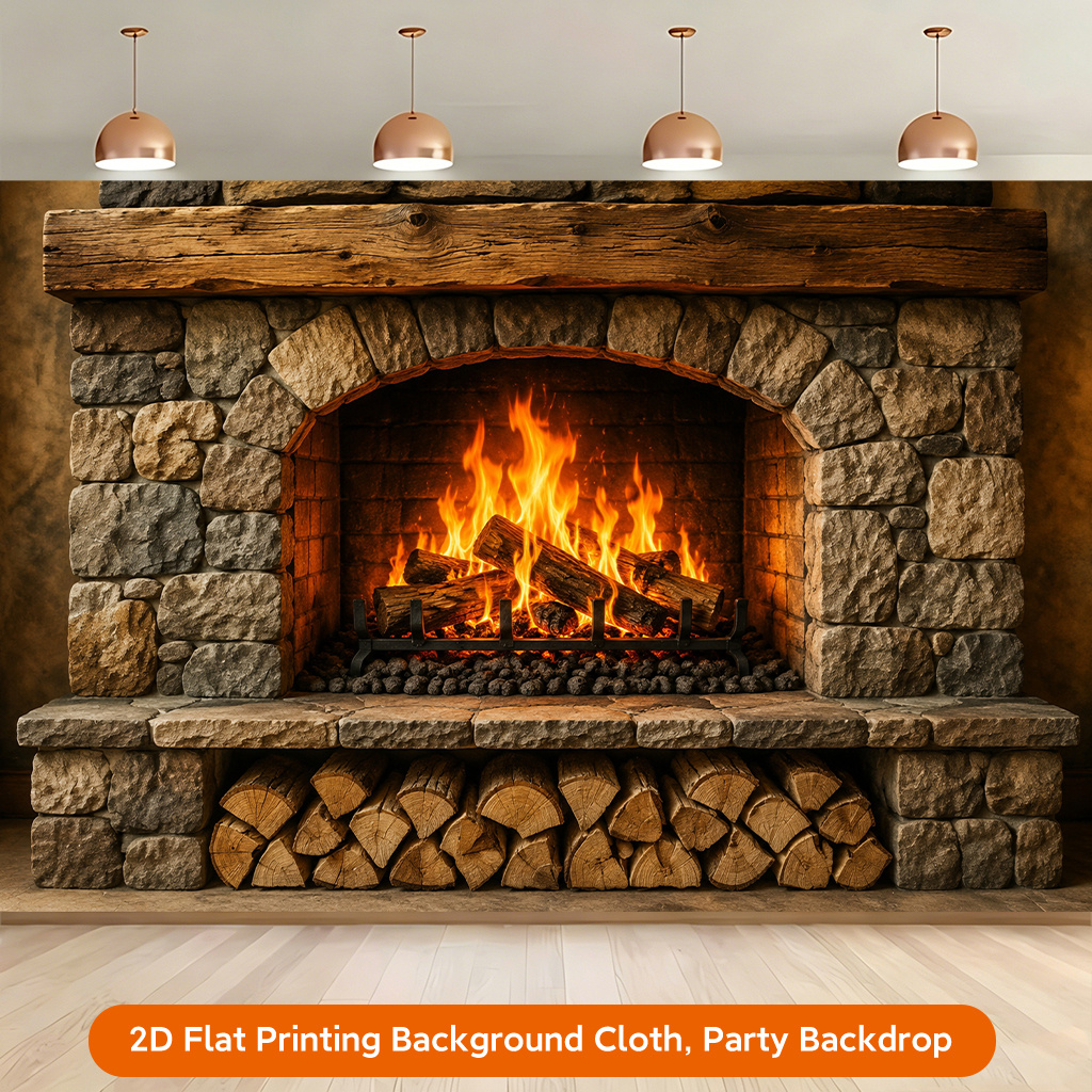 Fireplace Burning Wood Warmth Polyester Backdrop