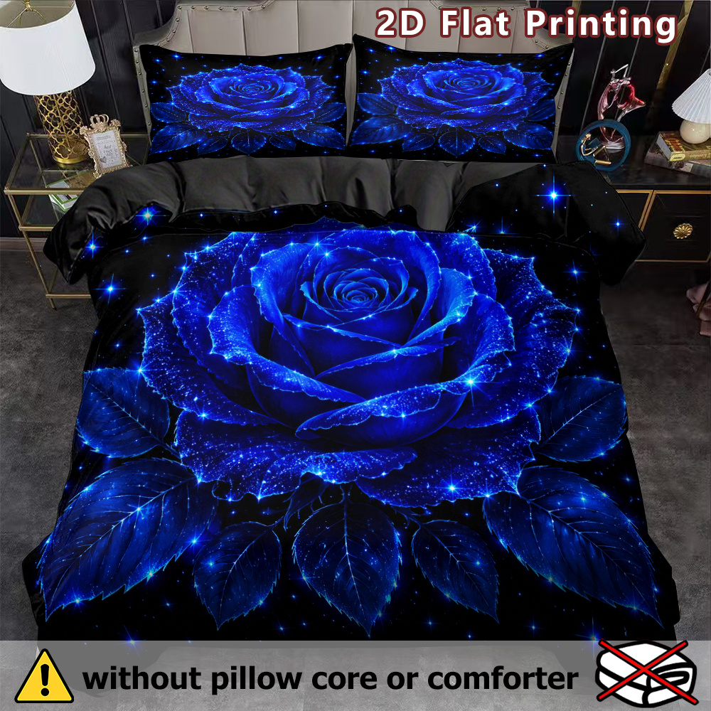 TEMU 3pcs Blue Rose Bedspread & Comforter Cover Set Suitable For Bedding, Glitter Starry Night, Breathable Polyester Comforter Case With Pillowcases,