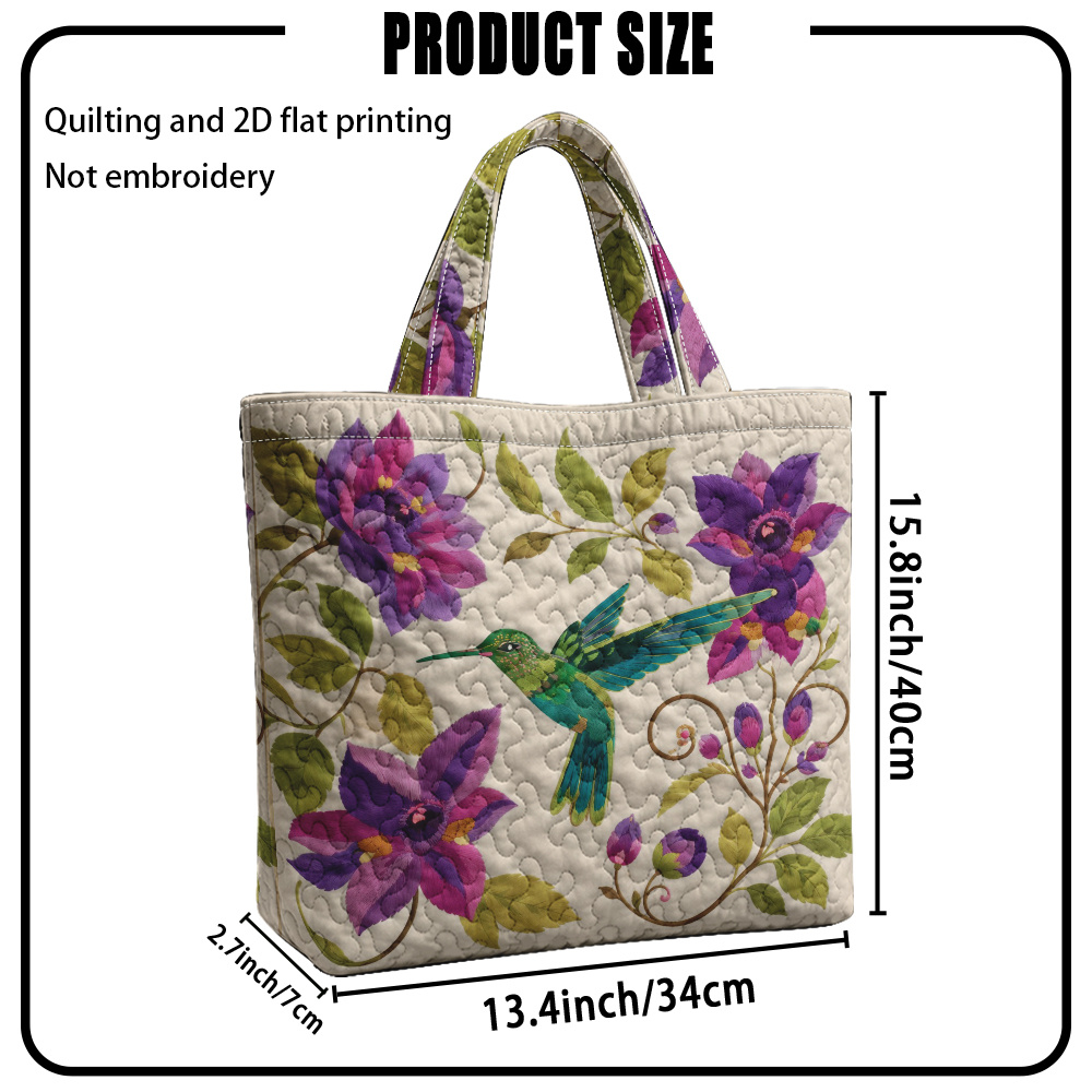 TEMU 1pc Large Quilted Tote Bag Suitable For School, Travel & Shopping - Reusable Grocery Bag With Hummingbird & Quilted, Handbag For, Non-food