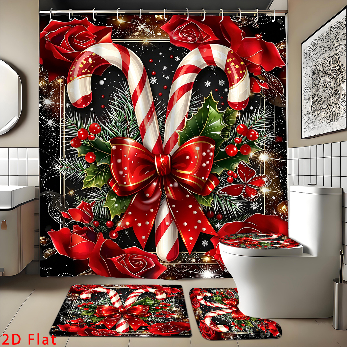 2d Flat, 4pcs Christmas 2d Bathroom Set, Featuring High-quality Bathroom Decorations And Additions, Including A Non-slip, A U-shaped, A Toilet Seat, And A Shower Curtain With 12 Hooks