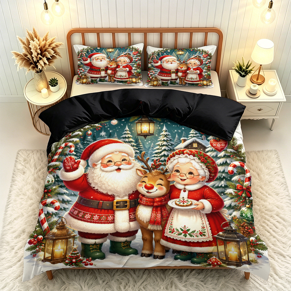 TEMU 3pcs Christmas Holiday Scene 2d Flat Designed Bedding Duvet Cover Set Quilt Cover Set, Trendy Soft Breathable Bedding (1 X Duvet Cover And 2 X