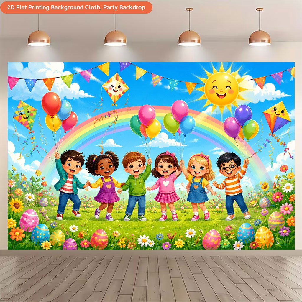 TEMU 2d Flat, 2d Flat Printing Backdrop Banner 1pc, With Colorful Balloons Background Cloth Banner, Banner Decoration, Durable Photography Backdrop