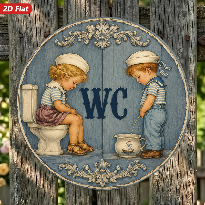 TEMU 2d Flat, 1pc Vintage Bathroom Humor Round Metal Sign Wall Art, Wc Lettering, Sailor Figure, Seated Figure, Chamber Pot Boat, Background, Ornate