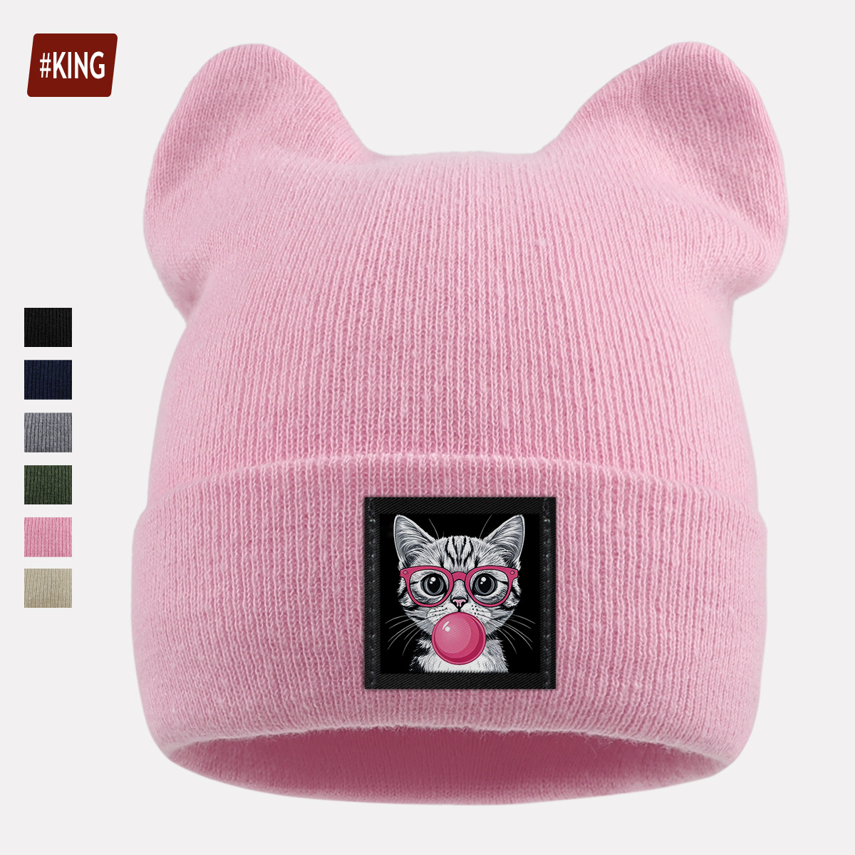 TEMU 1pc Beanie Hat With Pink Glasses Cat Pattern, Unisex Cat Ears, Cold Weather Hat, Autumn/winter Warm Stretchy Brimless Pullover Hat, Fashionable