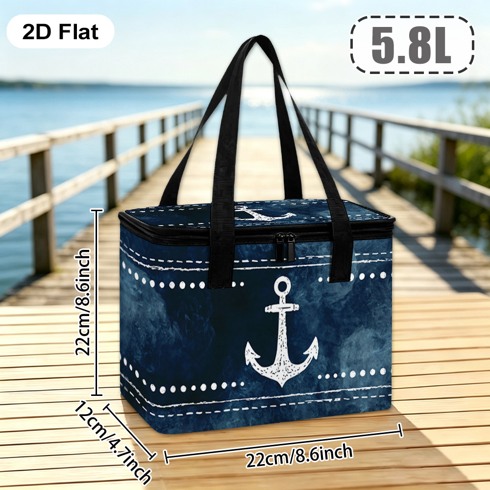 TEMU 2d Flat Retro Navy Blue Anchor Dots Printed Insulated Cooler Tote Bag, Portable Thermal Lunch Carrier For Picnics, Bbq Parties, , , Non-food