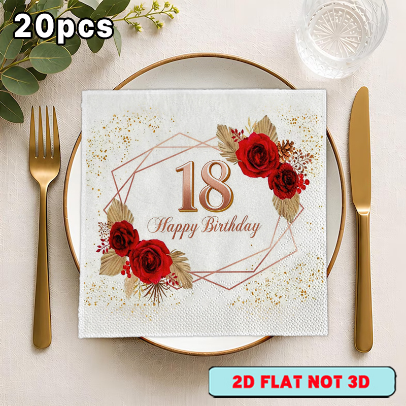 TEMU [2D Plat] 20 serviettes jetables double épaisseur avec bordure géométrique, " Anniversaire" pour 18 ans, pour les anniversaires et diverses