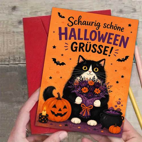 item picture 1 greeting card 1 envelope adorable halloween greeting card black cat holding flowers spooky halloween greetings for friends halloween festive cartoon style card
