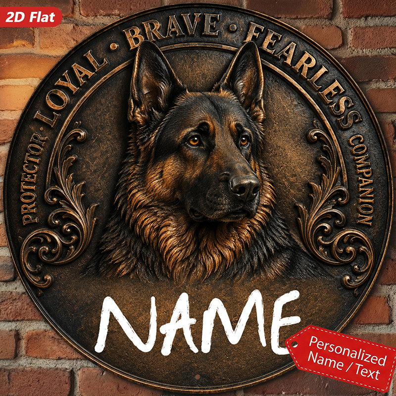 TEMU 2d Flat, 1pc Text Custom German Shepherd Round Metal Sign Wall Art, Custom Name, Brave Text, Medallion, Relief Carving, Home Decor, Ideal For